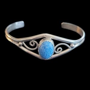 Vintage Navajo Signed JP Popovitch Denim‎ Lapis Sterling Braid Cuff Bracelet